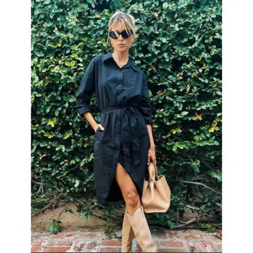 Monrow Asymmetrical Poplin Tie Shirt Dress in Black 100% Cotton, Size Small