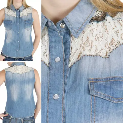 Miss Me Embellished Sleeveless Western Snap Shirt