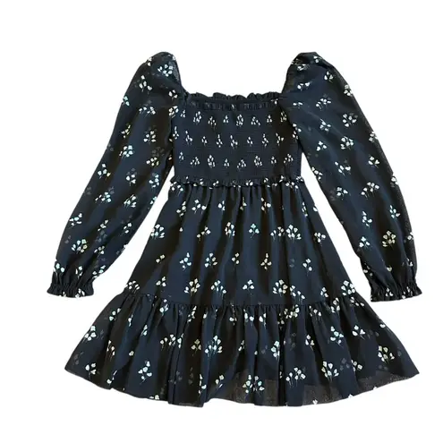 Wilfred Aritzia Tempest Dress Black Aqua Print Long Sleeve Mini Length Size XS