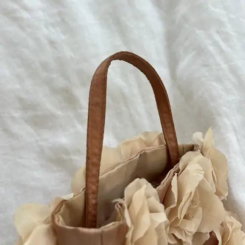 Vintage Roses on Satin Classic Taupe Mini Handbag Leather Handle Tan