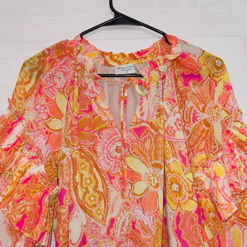 Dress Forum Women's Size Small Orange Floral Print Chiffon Ruffle Sleeve Top