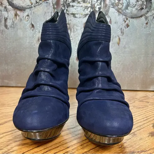 Velvet Angels | Platinum Blue Leather Ruched Front Island Platform Heels Size 9