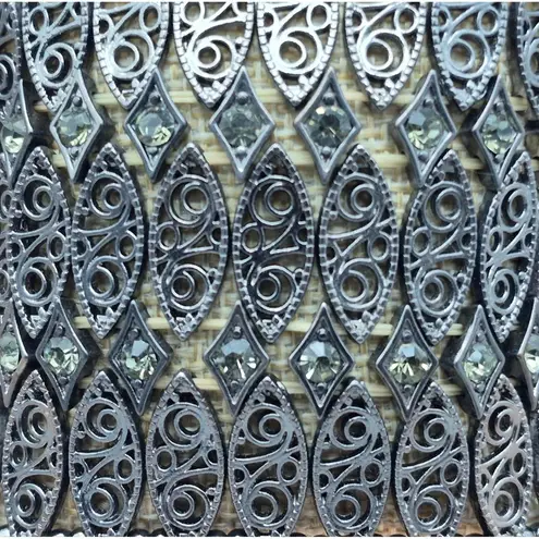 None Wide Stretch Bracelet Black Gun Metal Statement Filigree & Rhinestones One Size