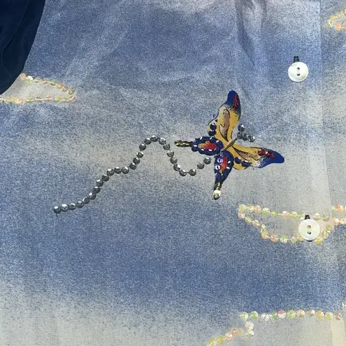 Quacker Factory NWT Size XS Beach Sailboat Sequin 100% Silk Button Up Blouse Top