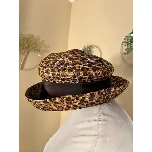 Eric Javits Tan and Brown Leopard Animal Print Straw Hat With Ribbon Bow