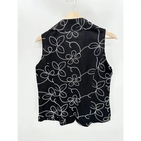 Carole Little Vest Women MEDIUM Black Floral Embroidered Button Down 100% Silk
