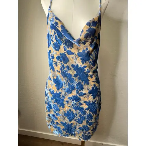 Cloud Ten Blue Tan Burnout Velour Mini Dress Cowl Neck Spaghetti Straps Sz Large