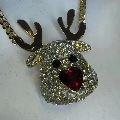Betsy Johnson Christmas Red Nose Reindeer Pendant Gold Tone Holiday Neck…
