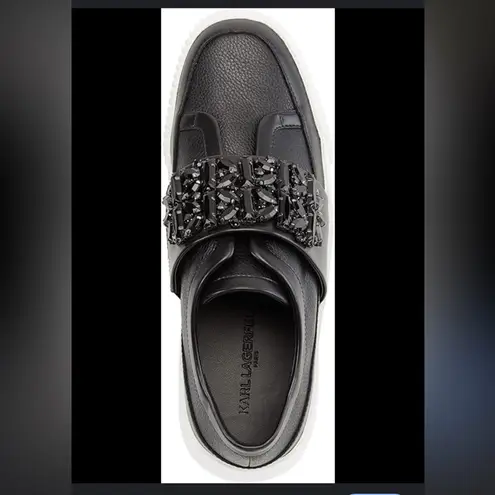 Karl Lagerfeld Paris Black Jules Rhinestone Embellished Leather Sneakers 8.5 M