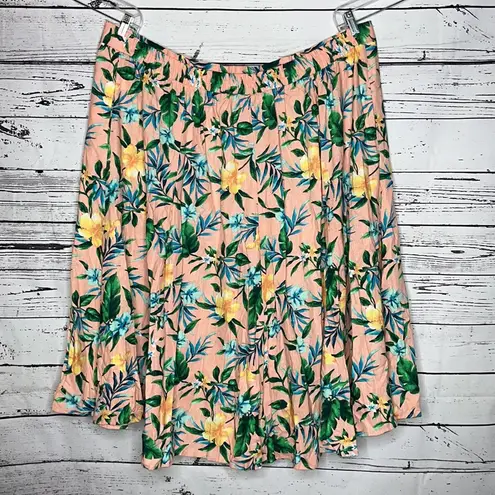 Woman Within 34/36 4X Tropical Floral Linen Blend Pull-On Midi Skirt w/ Pockets