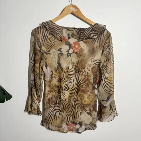 Vintage 90s Y2K Silk Babydoll Top Women M Brown Zebra Floral Bratz Going Out Size M