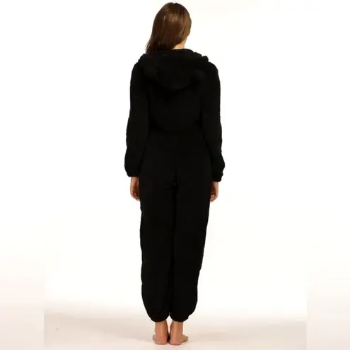 Zip Up Hooded Teddy Jumpsuit with Ears Black