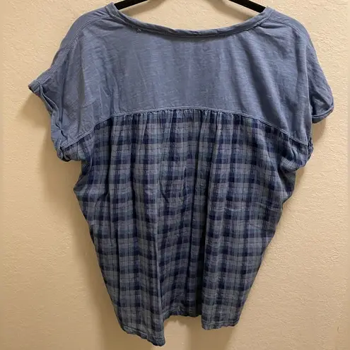 Pilcro Anthropologie Blue Mixed Media Plaid Short Sleeve Cuffed T-Shirt Size XS