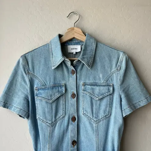 Nanushka Dress Denim Short Sleeve 80s Wash Blue Belted Mini Dress M Size M