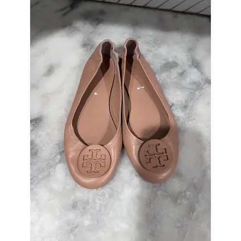 Tory Burch  Minnie Travel Ballet Flats Shell Pink Leather Size 8 Logo Flats Shoes