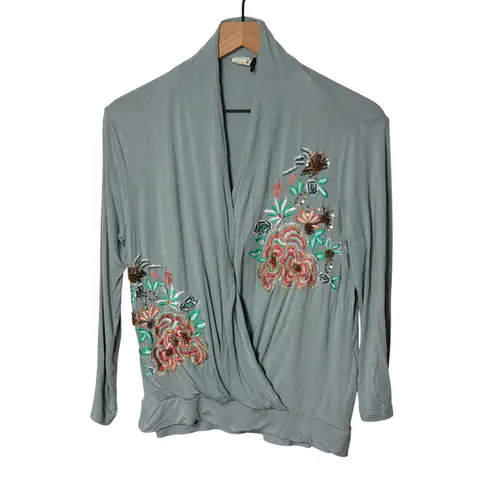 Akemi + Kin Akemi + Kin Green Blue Floral Embroidered Long Sleeve Faux Wrap Top Blouse