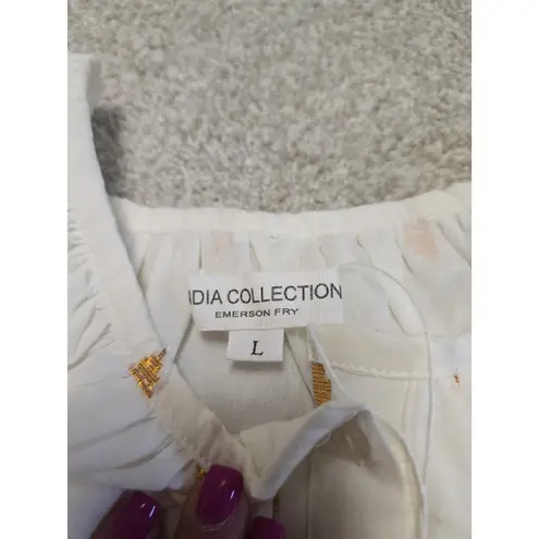 Emerson Fry India Collection Frances White Gold Print Blouse L Boho Peasant Top Size L