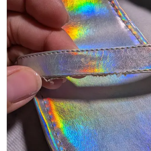 Vtg Y2K Soda Silver Holographic Flower Applique Chunky Clear Heel Sandals Sz 8.5