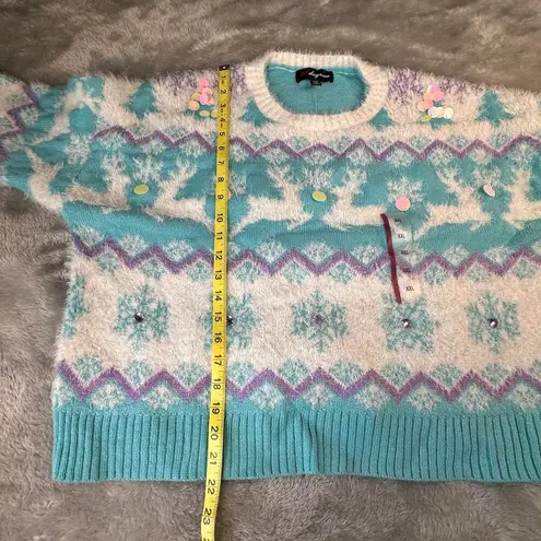 33 Degrees Sweater Women XXL Blue White Knit Christmas Sequins Winter Wonderland