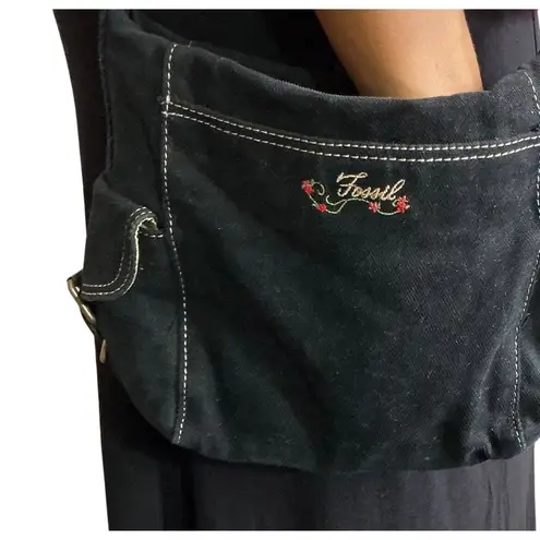 Fossil Y2K Retro Black Denim Floral Embroidered Crossbody Bag Y2K Shoulder Purse