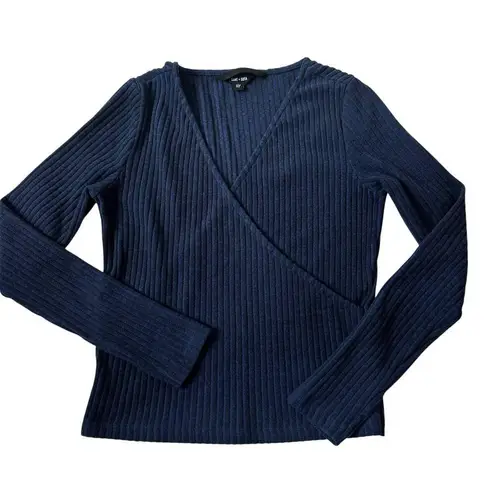 Saint + Sofia Blue Ribbed Knit Victory Wrap Blouse Women Size 6 | 68
