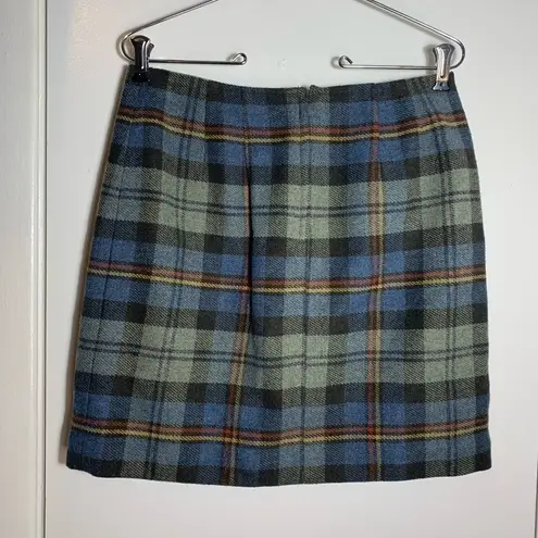 Talbots  vintage plaid green blue, wrap style wool blend fringe mini skirt 12p M