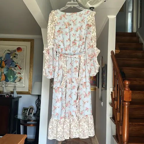 By the River Floral Ruffle Midi Dress Sz L Blue Size L