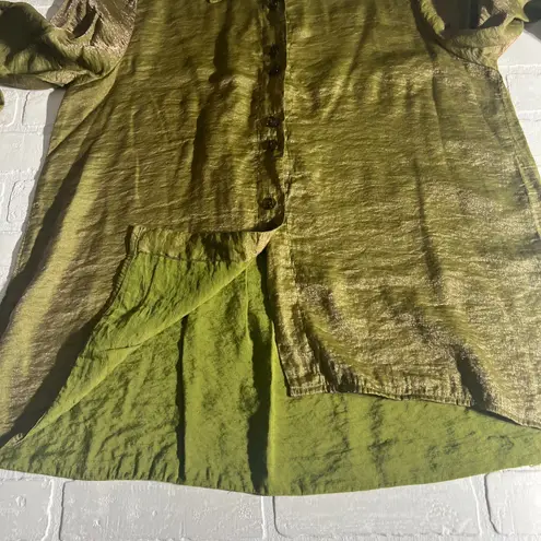 Habitat Blouse Top Womens Large Green Shimmery Metallic Button Up Collared Shirt