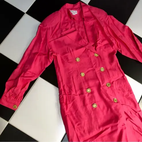 Doncaster Vintage 80s Hot Pink Trench Coat / Dress Gold Military Double Breasted