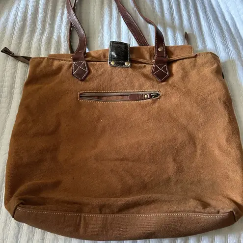 Myra Bag Brown and Black Patchwork Tote with Leather Accents