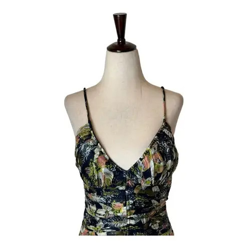 Tanya Taylor ‎ Dress Women 00 Black Floral Print Linen Silk Ruched Lovette Maxi