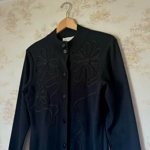 Vintage black wool floral embroidery long sleeve button sheath sweater dress