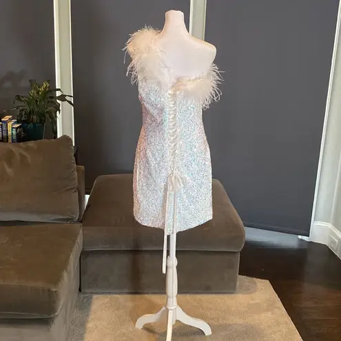 White Short Feather Sequin One Shoulder Prom Party Dress CorsetBack Size 12 NWOT