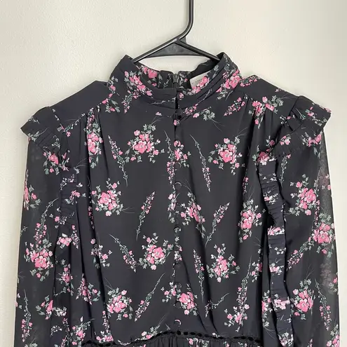 Monique Lhuillier ML Black Floral Ruffle Pleated Dress (Size 10)