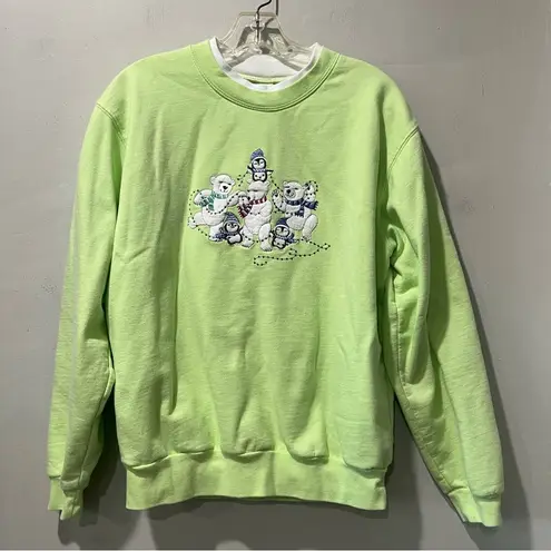 Morning Sun Polar Bear Embroidered Green Christmas Sweatshirt Size Large