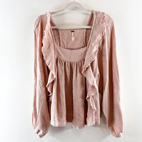 Free People  Bonnie Ruffle Long Sleeve Square Neck Blouse Top Pink XS