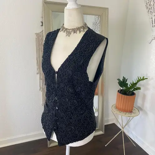 Witchy Whimsygoth Black Satin Lace Rose Beaded Lace Button Down Vest Top M Size M