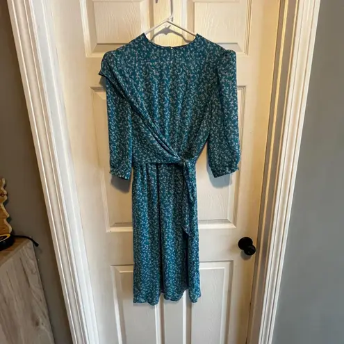 Vintage Alison Peters Petite Teal Floral Print Midi Dress Women's Size 10 Wrap Blue