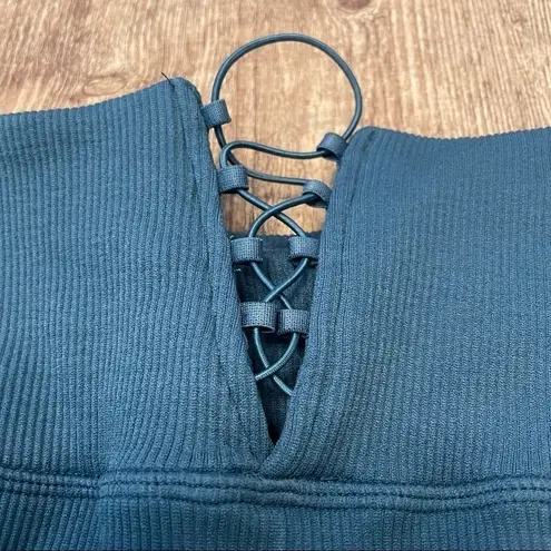 None Blue Ribbed Leggings Cinched Waist Detail