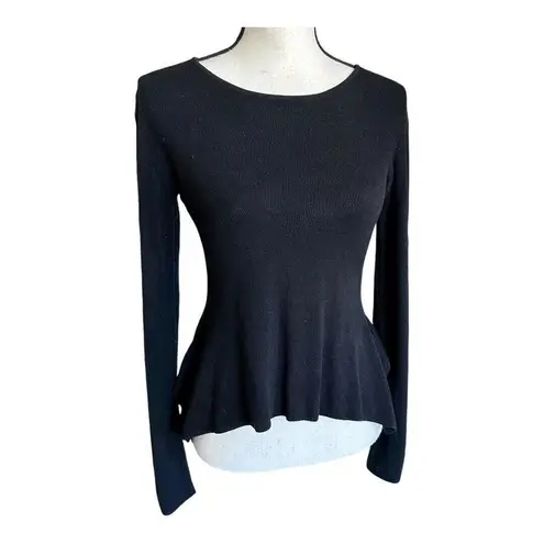 BCBGMAXAZRIA  Womens Audrey Black Long Sleeve Knit Peplum Top Solid Silk M