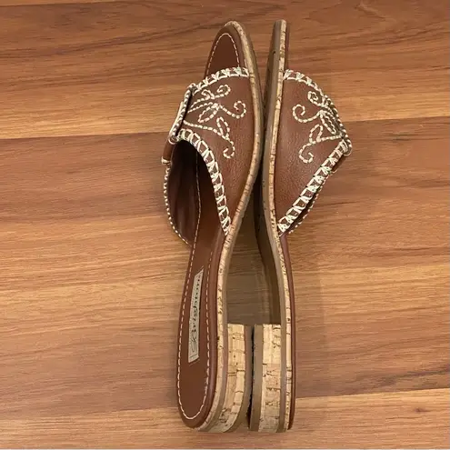 Brighton  “Osprey” Brown Leather Contrast Stitch Flower Flat Sandals Size 8M