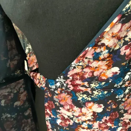 Bobeau Floral blue pink midi chiffon wrap tie dress asymmetrical modest feminine