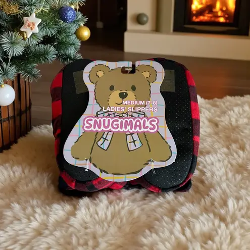 Snugimals Ladies Slippers Buffalo Plaid Red Black Bear M 7/8 Cozy Comfort