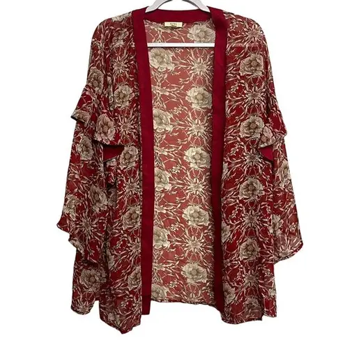 Kori America Women's Red Floral Open Kimono Large Sheer Lightweight Bobo