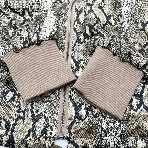 ACOA Womens S Snakeskin Print Bomber Jacket Oversized Short Black Tan Full Zip