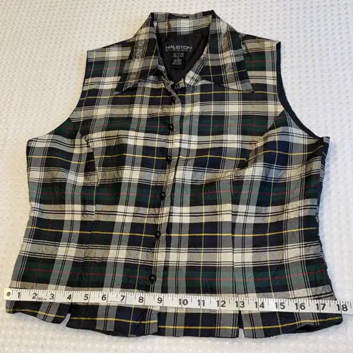 Halston Heritage HALSTON BLOUSES Size MEDIUM Silk Plaid Vest Sleeveless Blouse Green Blue White