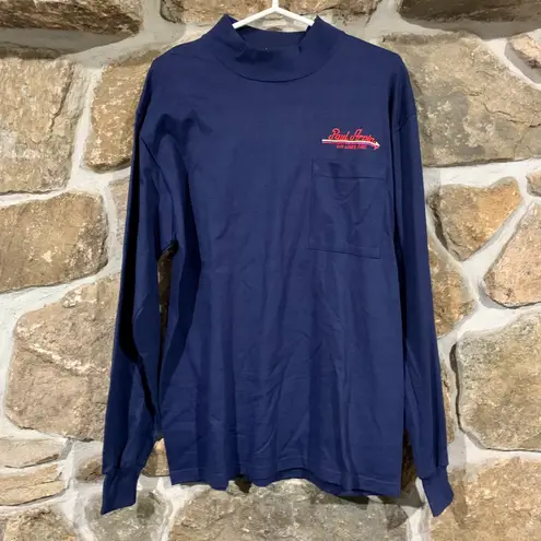 Vintage Navy Blue Embroidered Advertisement Long Sleeve Turtleneck Tee Size L