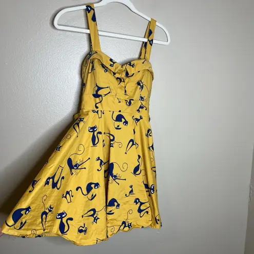 Vtg Dress Ixia Cat Novelty Print Yellow Fit Flare Rockabilly Jazz 50s M Size M
