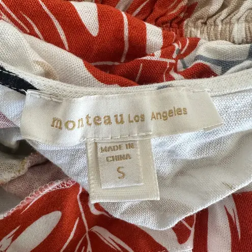 White Tropical Leaf Print Button Front Midi Dress Linen Small Boho Resortwear