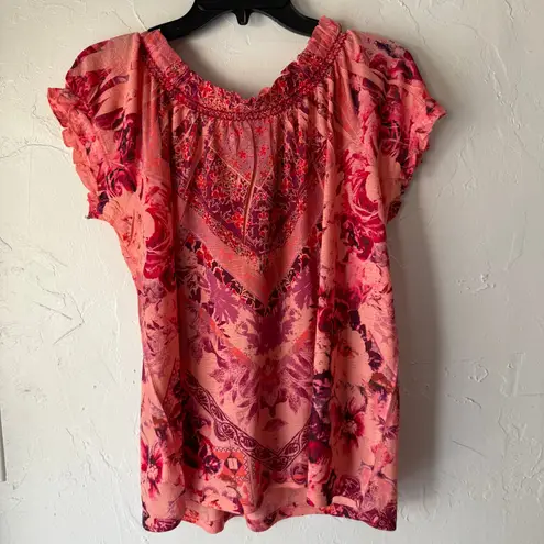 Energie Energe Size P Medium Red Rose Floral Boho Flutter Sleeves Blouse